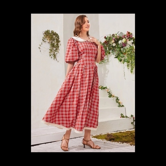 Lace Trim Buttoned Front Tie Back Plaid Dress - Picture 4 of 6